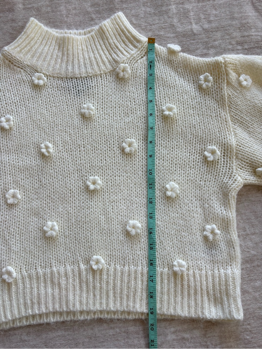 Farm Rio Cream Handmade Flowers TurtleNeck Sweater w/ Appliqué Puff Sleeves S:M - Picture 12 of 12
